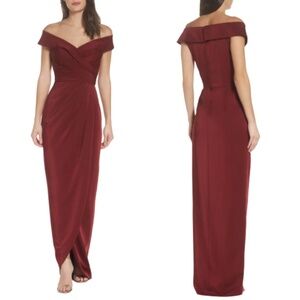 NWT La Femme Surplice Off the Shoulder Column Gown in Burgundy Sz. 10